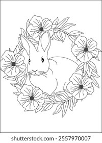 Coloring Page With Rabbit in Flowers Vector