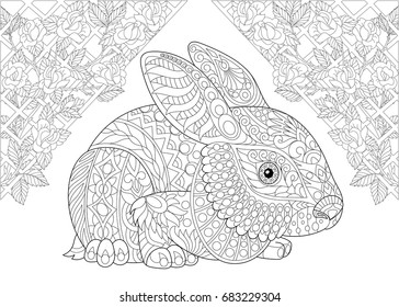 Coloring Page Rabbit Wonderland Rose Flowers Stock Vector (Royalty Free ...