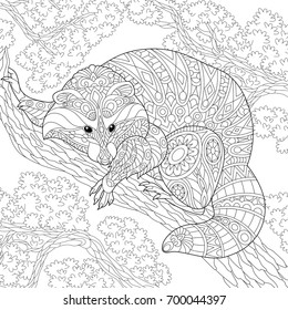 Coloring page of raccoon sitting on tree branch. Freehand sketch drawing for adult antistress coloring book in zentangle style.