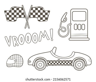 Coloring page with race car, race helmet and race flag on white background. Race car black and white contour vector illustration for a coloring book.