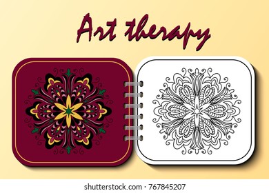 coloring page. realistic notepad with mandala, raskaraska for adults, mandala for relaxation and meditation, ancient ornament, color pattern, art therapy. 