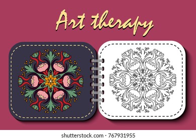 coloring page. realistic notepad with mandala, raskaraska for adults, mandala for relaxation and meditation, ancient ornament, color pattern, art therapy.
