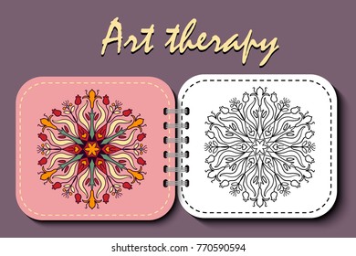 coloring page. realistic notepad with mandala, raskaraska for adults, mandala for relaxation and meditation, ancient ornament, color pattern, art therapy.