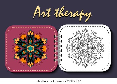 coloring page. realistic notepad with mandala, raskaraska for adults, mandala for relaxation and meditation, ancient ornament, color pattern, art therapy