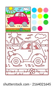 Coloring page of red car, driver and his best friend pet dog.

