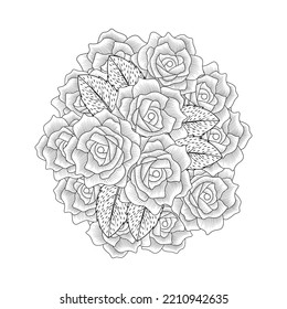 coloring page of red rose flower line art design with decorative pencil sketch drawing. black rose and wild flower background of doodle flower outline.  