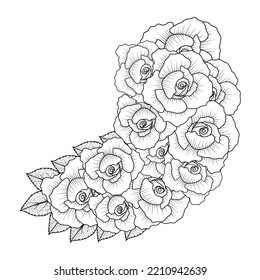 coloring page of red rose flower line art design with decorative pencil sketch drawing. black rose and wild flower background of doodle flower outline.  