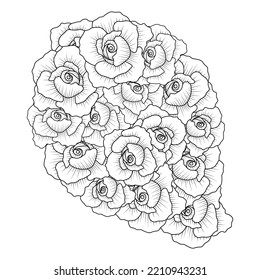 página de coloreado del diseño de la línea de flores rojas con dibujo de dibujo de lápiz decorativo. rosa negro y fondo de flores silvestres del contorno de las flores de doodle.  