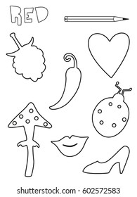 Coloring page, red things set. Single color worksheets ladybug, raspberry, mushroom, pepper, shoe, lips, heart. Vector illustration, silhouette, isolated. For education and activities.