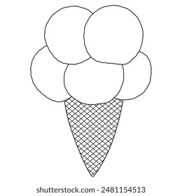 Página para colorear con una refrescante ilustración de un cono de gofre con unas cucharadas de helado. Perfecto para actividades de verano y proyectos creativos de los niños.