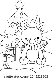 coloring page of reindeer sitting in front of christmas tree and presents