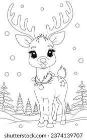 Coloring page a reindeer tangled in Christmas lights.