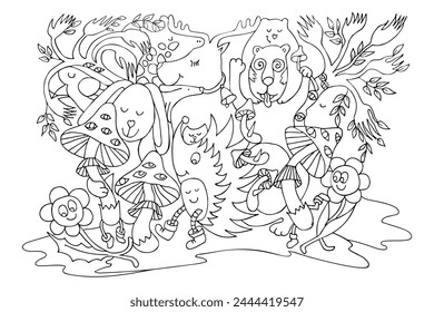 Coloring page. Retro 70s style, psychedelic mushroom, flowers and animals. Color puzzle game. Vector illustration of funny cartoon characters
