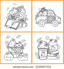 Coloring page Retro Cozy Fall Groovy Autumn Kid Friendly Doodle illustration set