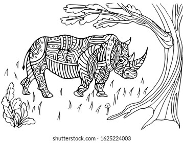 The coloring page with the rhinoceros. Hand drawing coloring book for children and adults. Beautiful drawings with patterns and small details. One of a series of painted pictures. Black and white