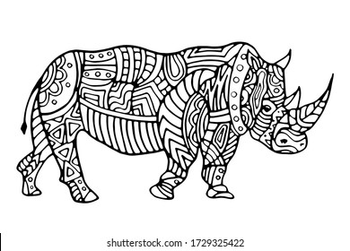 The coloring page with the rhinoceros. Hand drawing coloring book for children and adults. Beautiful drawings with patterns and small details. One of a series of painted pictures. Logo. Tattoo