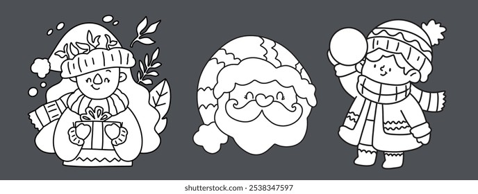 coloring page, ribbon, elf, claus, color, kid, drawn, retro, snowman, collection, book, fun, symbol, greeting, season, celebration, outline, december, graphic, hand, white, icon, background, character