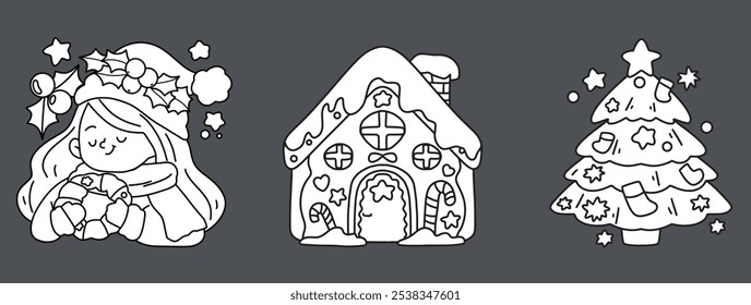 coloring page, ribbon, elf, claus, color, kid, drawn, retro, snowman, collection, book, fun, symbol, greeting, season, celebration, outline, december, graphic, hand, white, icon, background, character