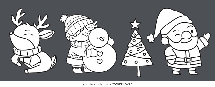 coloring page, ribbon, elf, claus, color, kid, drawn, retro, snowman, collection, book, fun, symbol, greeting, season, celebration, outline, december, graphic, hand, white, icon, background, character