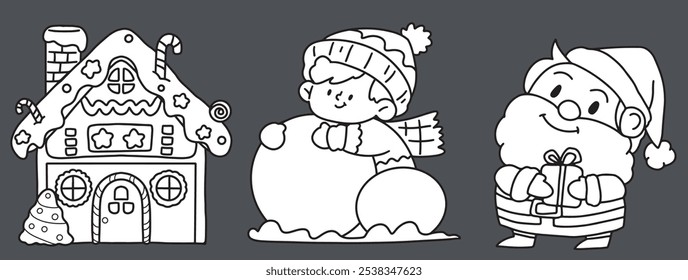 coloring page, ribbon, elf, claus, color, kid, drawn, retro, snowman, collection, book, fun, symbol, greeting, season, celebration, outline, december, graphic, hand, white, icon, background, character
