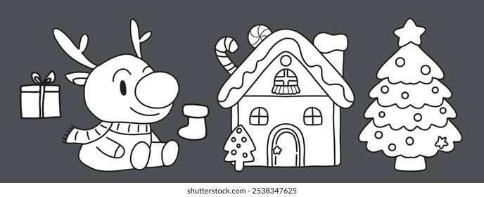 coloring page, ribbon, elf, claus, color, kid, drawn, retro, snowman, collection, book, fun, symbol, greeting, season, celebration, outline, december, graphic, hand, white, icon, background, character