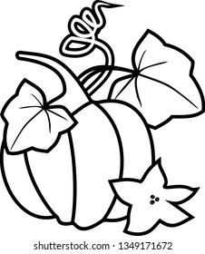 Coloring page with ripe pumpkin with tendril, two leaves and flower