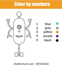 Coloring page with robot character. Color by numbers educational children game, drawing kids activity, printable sheet