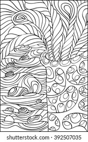 Coloring page. Rock garden and still life peacock feathers