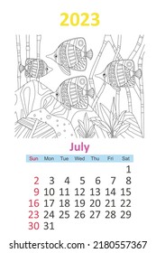 Coloring page with rock underwater rock landscape and school of cute fish. calendar for 2023, july