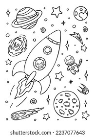 Coloring page and rocket  astronaut cat   planets in space  Hand drawn vector contoured black   white illustration  Design template for kids coloring book  poster postcard 
