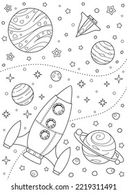 Coloring page with rocket, different planets, nebulae and stars. Open space. Black and white outline illustration isolated on a white background. Vector design template for kids coloring book, poster