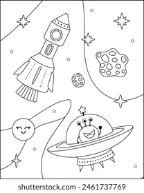 Coloring page. Rocket and flying saucer in space. Black and white space. Color me. Isolated vector illustration eps 10