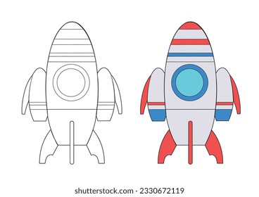 Página de coloreado del cohete. Dibujo de líneas y versión en color de una nave espacial de dibujos animados. Libro de coloración de juegos educativos para niños. Página Actividad para el dibujo didáctico.