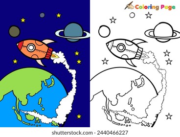 página para colorear, cohete que vuela al espacio examinando planetas galácticos, acompañado de ejemplos de ilustraciones de colores, listas para colorear e imprimir, para ayudar a los niños a desarrollar su talento