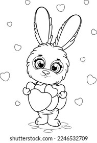 Coloring page. Romantic and cute cartoon bunny with hearts