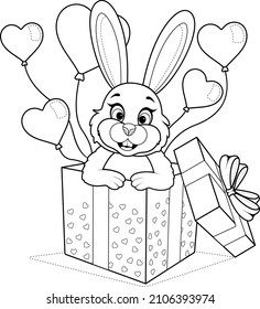 Coloring page. Romantic pink rabbit in a gift box with balloons