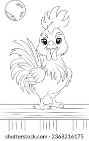 Coloring page a rooster stood on the fence in the early morning