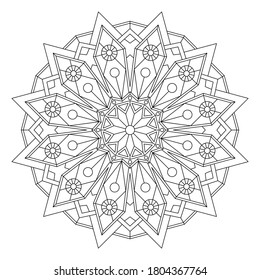 Coloring page with round mandala with geometric pattern. Vector drawing.