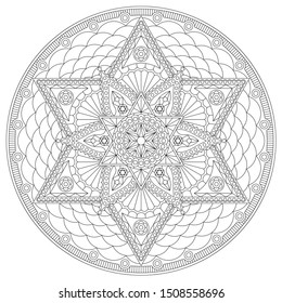 Coloring page with round mandala with six-pointed star. Vector print.