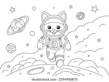 Coloring page with running astronaut cat and planets in space. Hand drawn vector contoured black and white illustration. Design template for kids coloring book, poster or postcard.