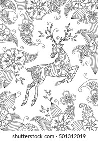 Coloring page with running deer and floral background. Vertical composition. Good quality coloring book for adult and children. Editable vector illustration.