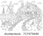 Coloring page of rural landscape. Farm house, windmill, water well, mail box, rabbits and woodpecker bird. Freehand sketch drawing for adult antistress coloring book in zentangle style.