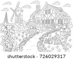 Coloring page of rural landscape. Farm house, windmill, water well, mail box, bunnies, woodpecker bird, grape vines. Freehand sketch drawing for adult antistress coloring book in zentangle style.