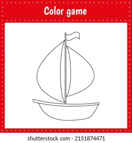 Coloring page of a sailboat for kids education and activity. Vector black and white illustration on white background