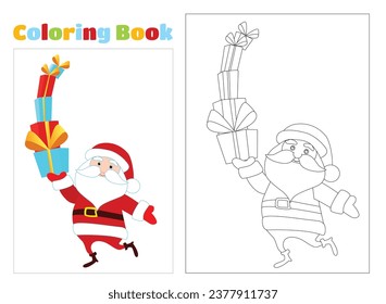 Coloring page. Santa Claus brings many gifts. Santa is cheerful and funny and the boxes are about to fall. Character design for Christmas design in cartoon style.