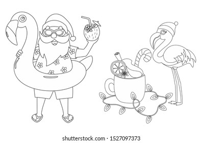 Coloring page. Santa Claus with flamingo inflatable ring and cute flamingo with cocktail isolated on white background. Vector illustration.