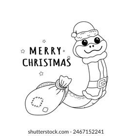 Coloring page. Santa Claus snake with sack. Black and white snake. Color me. Isolated vector illustration eps 10