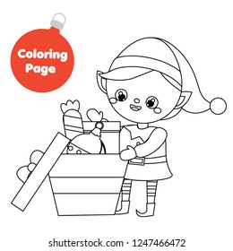 Coloring page. Santa helper elf pack gifts. Printable fun page for kids, children and toddlers. Christmas and New Year holidays theme