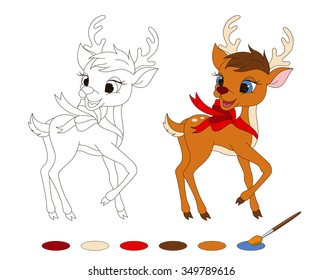 Coloring page with Santa's reindeer. Vector illustration isolated on white background.