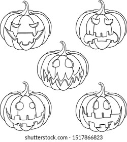 Coloring page with scary Halloween pumpkins for anti stress book. Holiday elements. Black and white vector illustration.